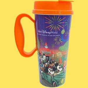 Walt Disney World Mug Cup Orange Lid Handle Refillable Plastic Mickey & Gang